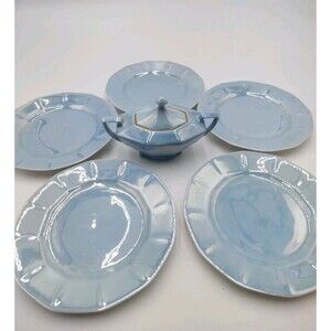VTG Art Deco Victoria Czecho-Slovakia Blue Lustreware Sugar Bowl 5 Plates -Read